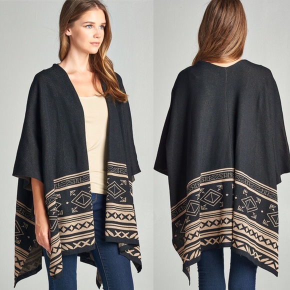 NWT M/L Geometric Poncho Black/Brown - Picture 5 of 7